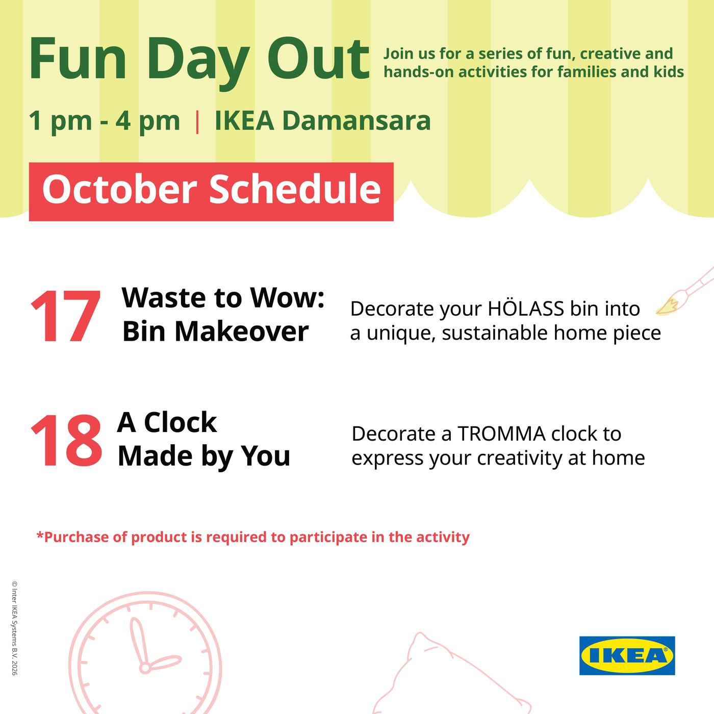 Fun Day Out October schedule at IKEA Damansara featuring Waste to Wow: Bin Makeover on 17 October and A Clock Made by You on 18 October, from 1pm to 4pm.