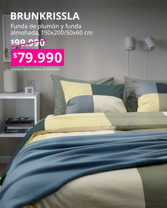 Funda nórdica BRUNKRISSLA verde multicolor con estampado a cuadros y funda de almohada, en mezcla de algodón y viscosa.