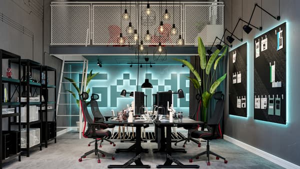 Futuristisch eingerichtetes Gaming-Büro mit einem gemeinschaftlichen Arbeitsplatz mit UPPSPEL Gaming-Schreibtischen und MATCHSPEL Gaming-Stühlen.