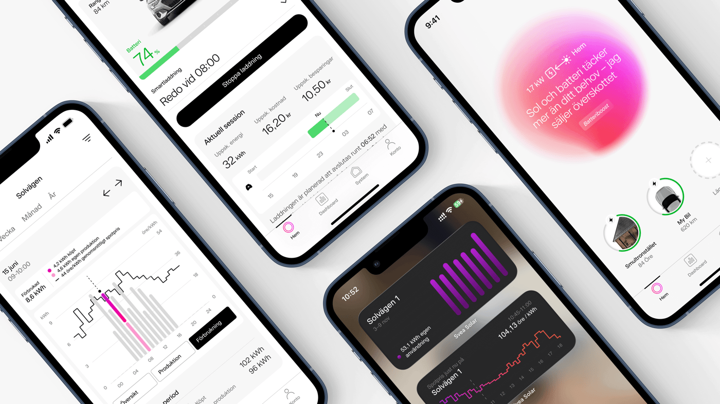 Fyra smartphones som visar olika skärmar från en energihanteringsapp. Gränssnitten innehåller grafer, statistik och färgglada visualiseringar av energiförbrukning och solenergi, med text och siffror som indikerar laddningsstatus och effektdata.
