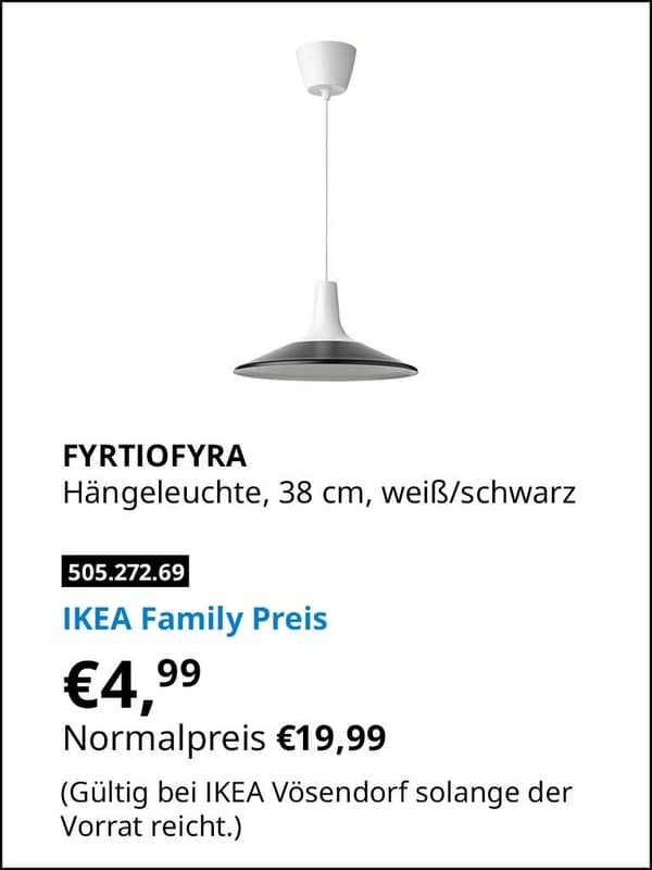 FYRTIOFYRA Hängeleuchte 38 cm, weiß/schwarz zum IKEA Family Preis von € 4,99 statt Normalpreis € 19,99