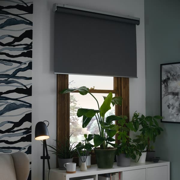 FYRTUR Block-out roller blind, wireless, battery-operated grey, 80x195 cm