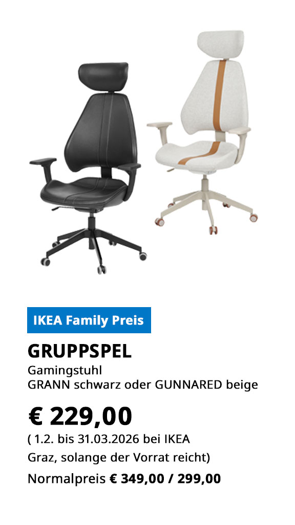 Gamingstuhl Gruppspel, Bezug Grann schwarz oder Gunnared beige, statt € 349 bzw. €299 zum IKEA Family Preis von € 229.
