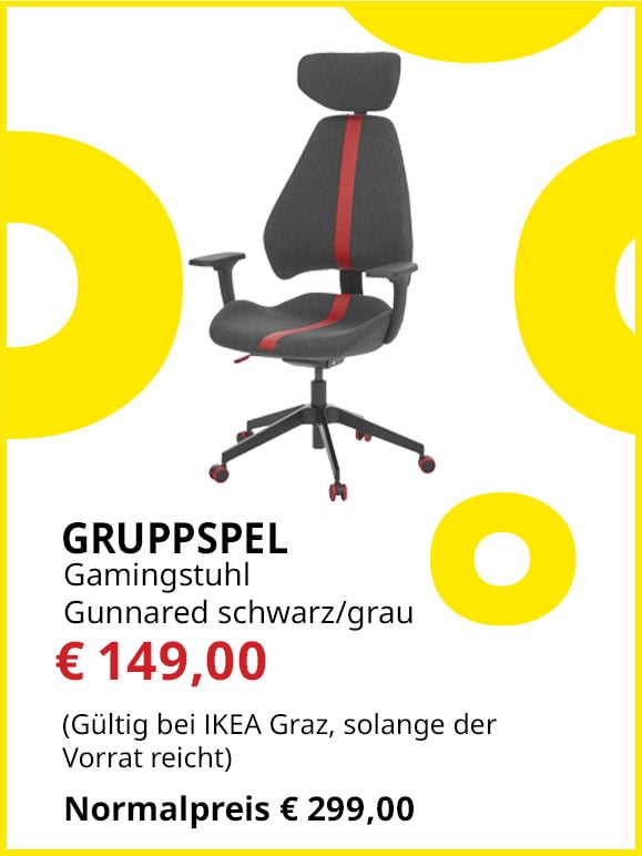 Gamingstuhl Gruppspel, Gunnared schwarz/grau, statt € 299 um € 149.