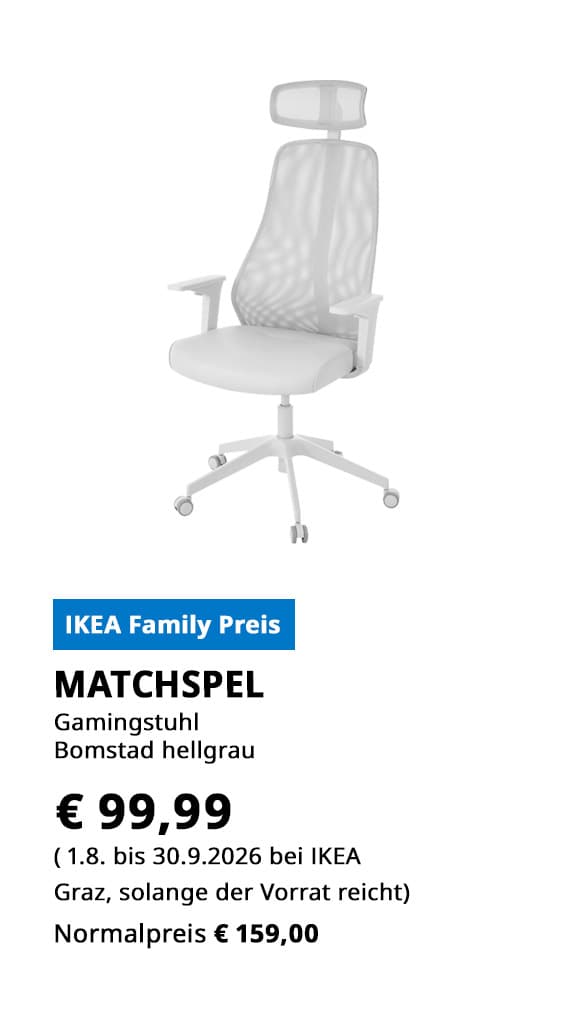 Gamingstuhl MATSCHPEL; Bomstad hellgrau, statt €159 zum IKEA Family Preis von € 99,99.