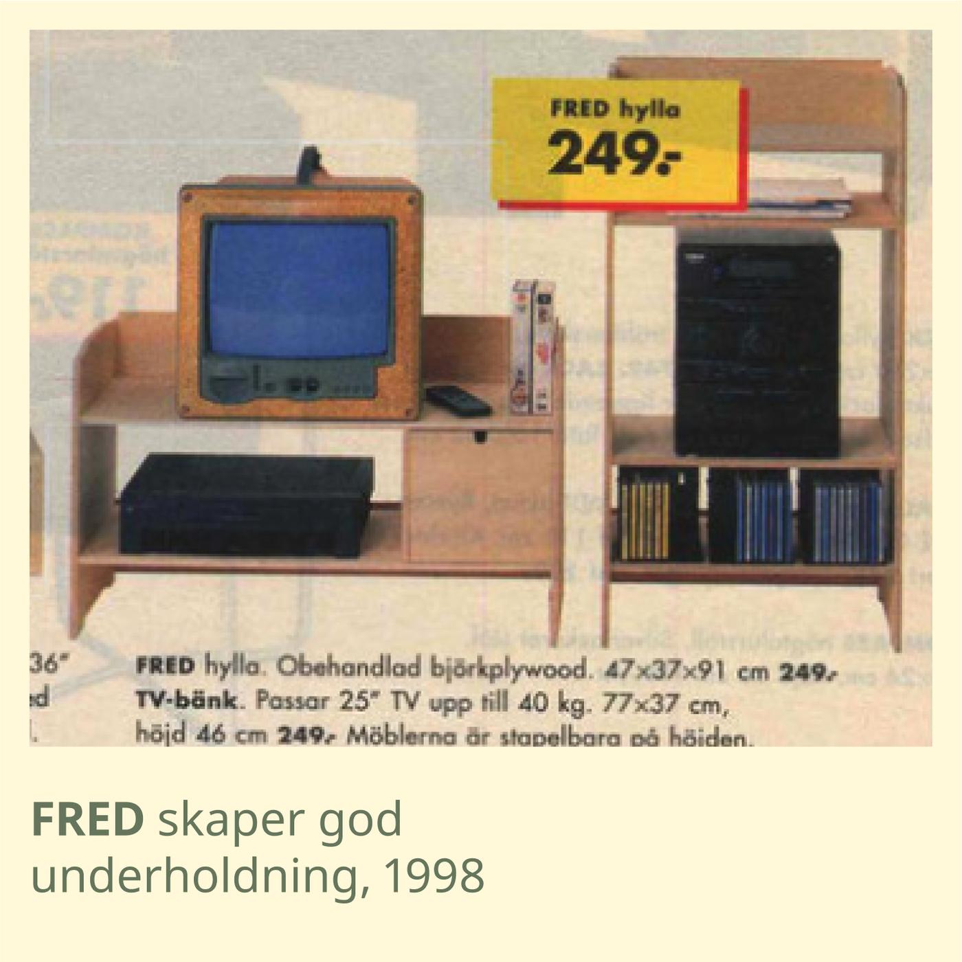 Gammelt bilde fra en katalog med en tv-benk og bokhylle.