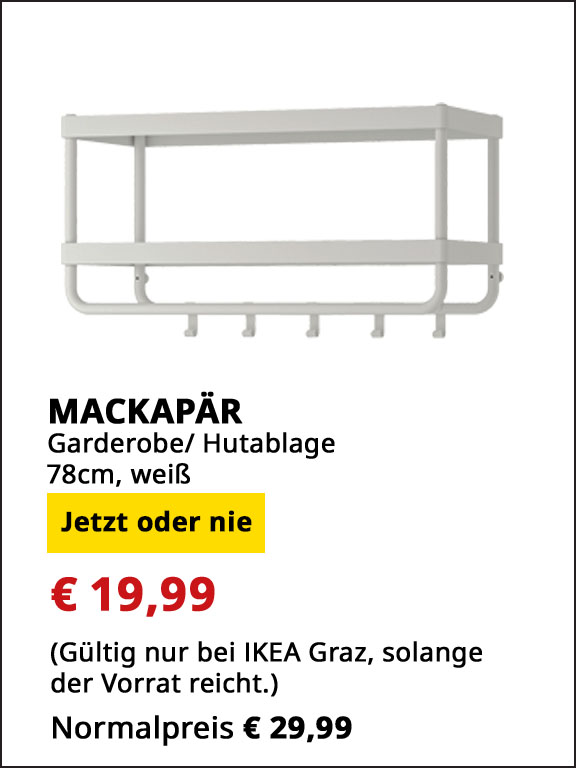 Garderobe/ Hutablage Mackapär, 78cm breit, weiß, statt € 29,99 um € 19,99.