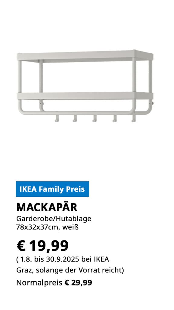 Garderobe mit Hutablage Mackapär, 78cm breit, weiß, statt € 29,99 zum IKEA Family Preis von € 19,99.