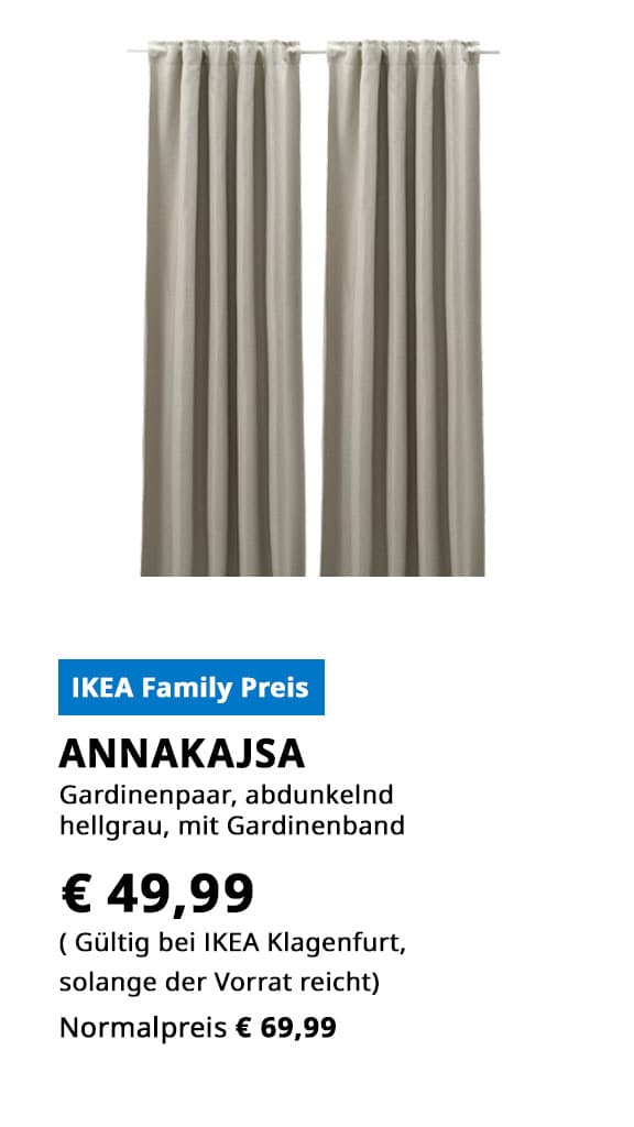  Gardinenpaar Annakajsa, abdunkelnd, hellgrau mit Gardinenband, statt € 69,99 zum IKEA Family Preis von € 49,99.