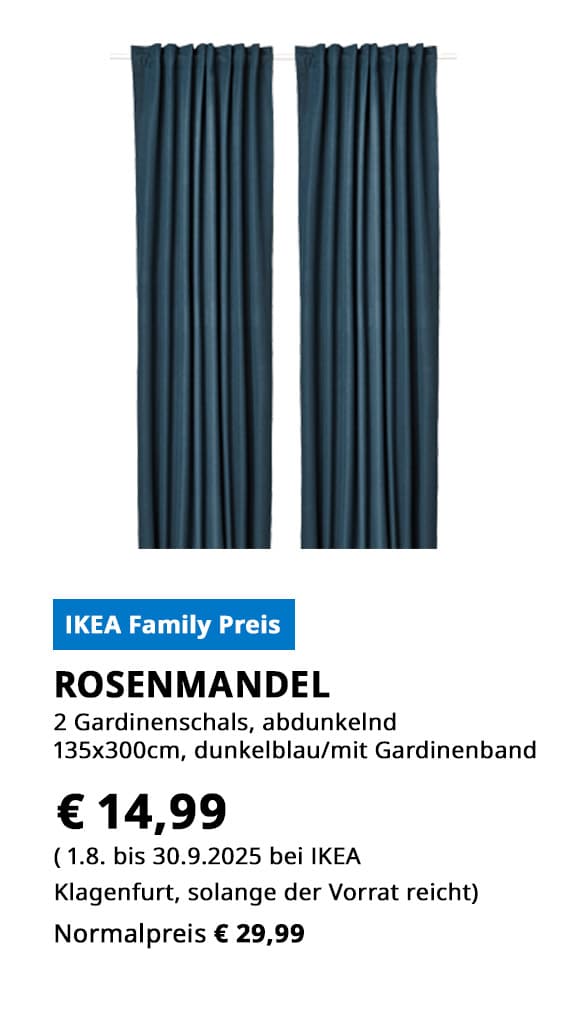 Gardinenpaar Rosenmandel, abdunkelnd, 135x300cm, dunkelblau, mit Gardinenband, statt € 29,99 zum IKEA Family Preis von € 14,99.