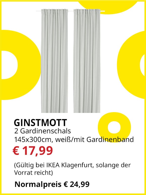 Gardinenschal Ginstmott, 2 Stück, 145x300cm, weiß, mit Gardinenband, statt € 24,99 um € 17,99.