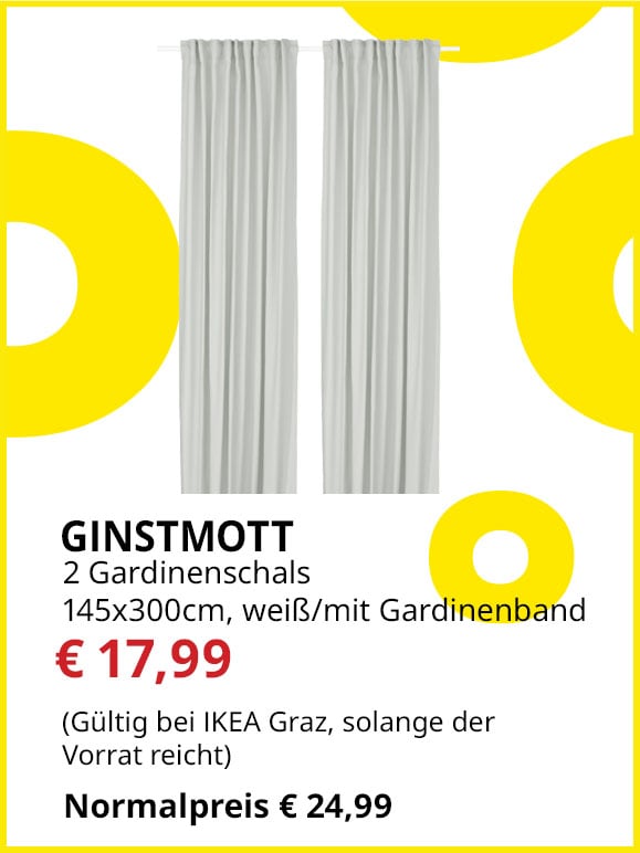 Gardinenschal Ginstmott, 2 Stück, 145x300cm, weiß, mit Gardinenband, statt € 24,99 um € 17,99.