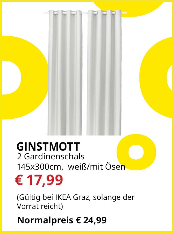 Gardinenschal Ginstmott, 2 Stück, 145x300cm, weiß, mit Ösen, statt € 24,99 um € 17,99.