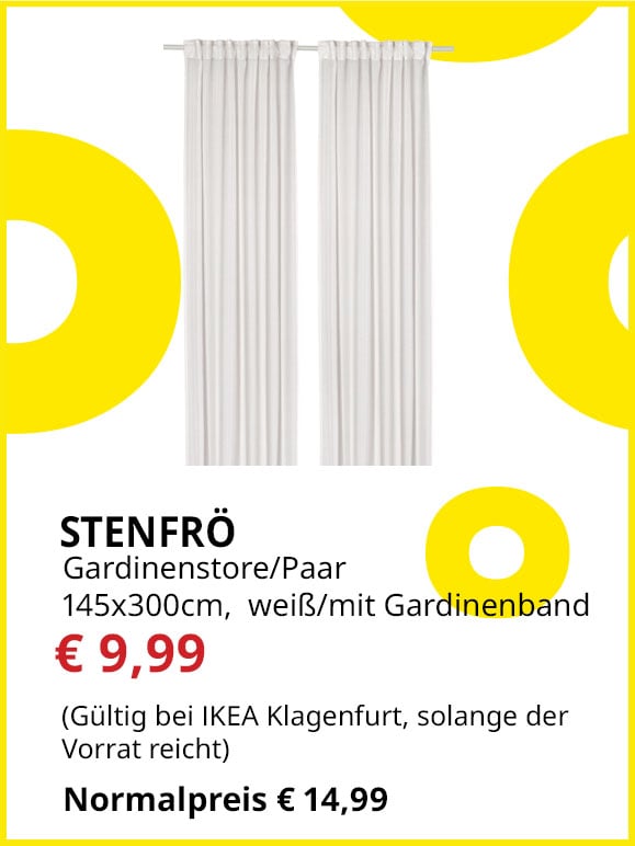 Gardinenschal Stenfrö, 2 Stück, 145x300cm, weiß, mit Gardinenband, statt € 14,99 um € 9,99.
