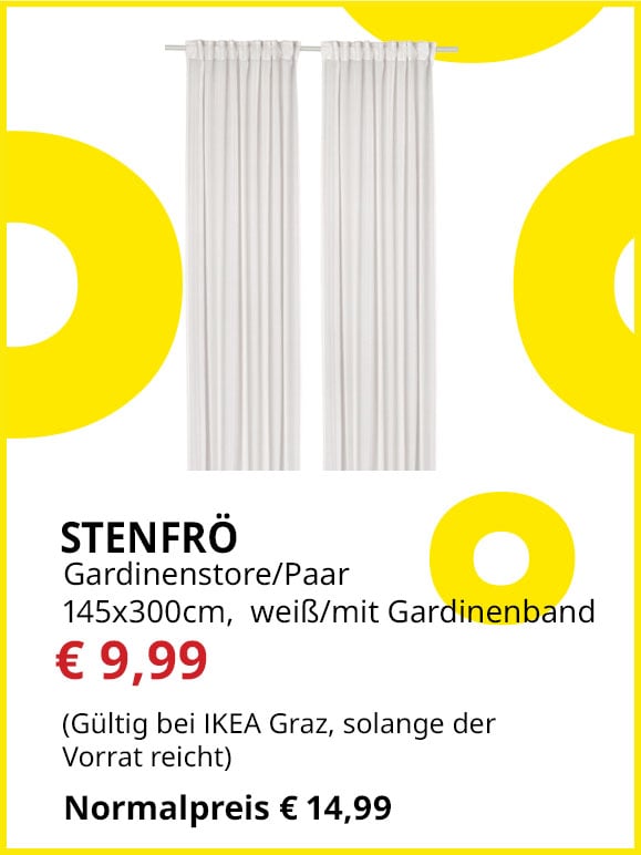Gardinenschal Stenfrö, 2 Stück, 145x300cm, weiß, mit Gardinenband, statt € 14,99 um € 9,99.