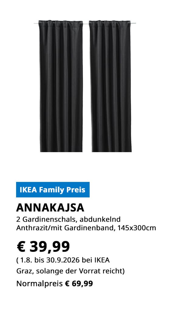 Gardinenschals ANNAKAJSA, 2 Stück, abdunkelnd, 145x300cm, anthrazit, statt  € 69,99 zum IKEA Family Preis von € 39,99.