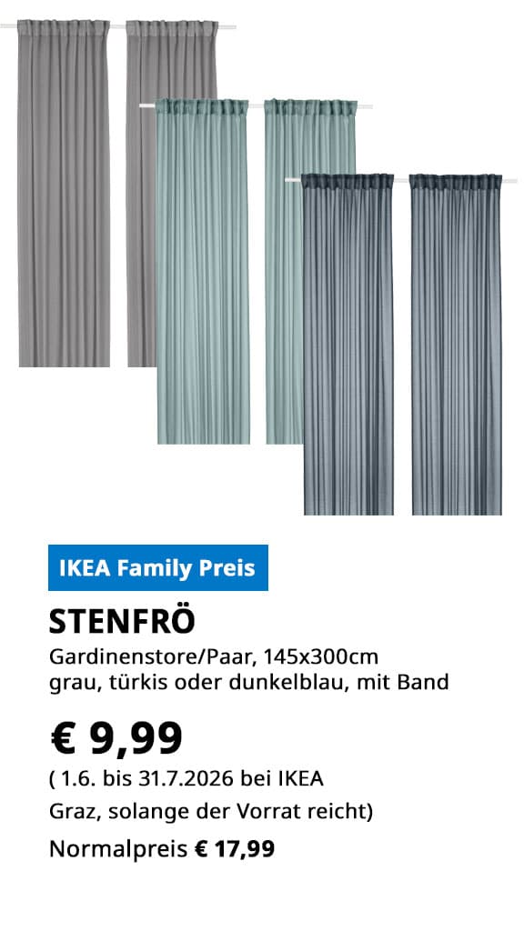 Gardinenstorepaar Stenfrö, 145x300cm, mit Gardinenband, grau, türkis oder dunkelblau, statt € 17,99 zum Ikea family Preis von € 9,99.