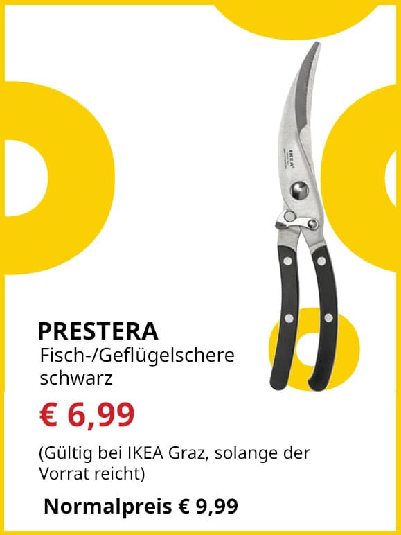 Geflügel-/ Fischschere Prestera, Edelstahl/schwarz, statt € 9,99 um € 6,99.