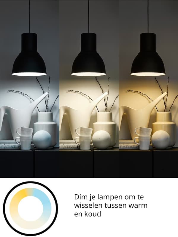Geïllustreerde afbeelding met 3 lampen in verschillende lichttinten, van wit tot warm, met de tekst 'dim je verlichting en kies van koel tot warm licht'.