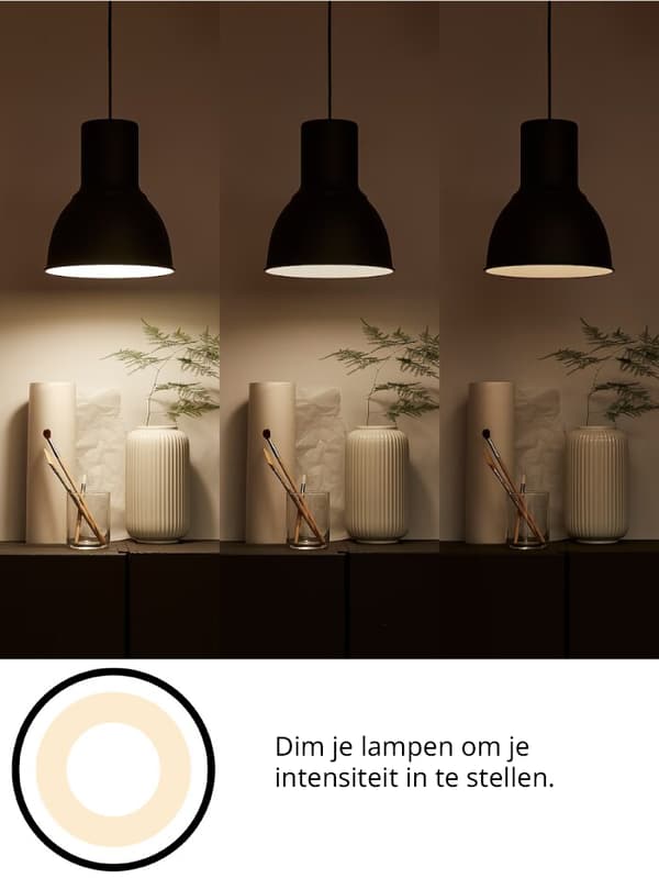 Geïllustreerde afbeelding met 3 lampen met verschillende lichtintensiteiten met de tekst 'dim jeverlichting om de intensiteit te kiezen'.