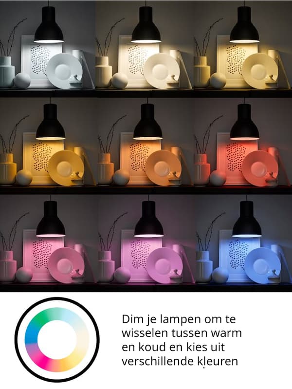 Geïllustreerde afbeelding met 9 lampen in verschillende tinten en kleuren, zoals rood en blauw, met de tekst 