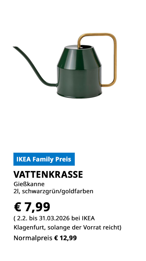 Geißkannne Vattenkrasse, 2 Liter, schwarzgrün goldfarben, statt € 12,99 zum IKEA Family Preis von € 7,99.