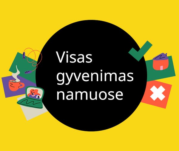 Geltonas fonas su baltu tekstu juodame apvaliame plote