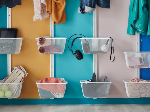 Get organised with baskets on the wall for different family members essentials.