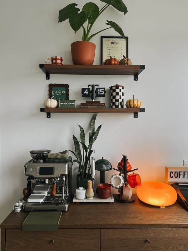 Gezellige koffiecorner thuis met een espressomachine op een houten dressoir, decoratieve lamp, koffiekopjes, planten en twee wandplanken met accessoires tegen een lichte muur.