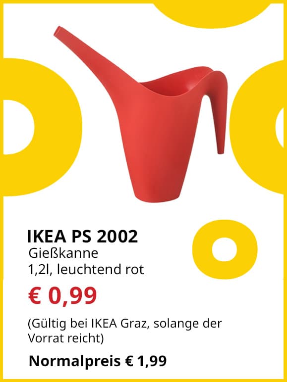Gießkanne IKEA PS 2001´2, 1,2 L, leuchtend rot, statt € 1,99 um €0,99.
