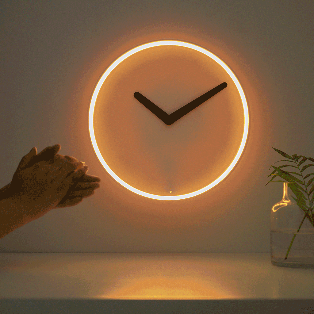 GIF montrant une horloge murale allumée et des mains qui claquent.