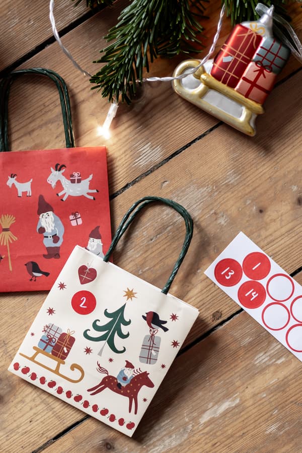 Gift bags with Christmas patterns.