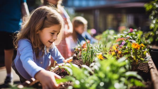 Girl next to planter box