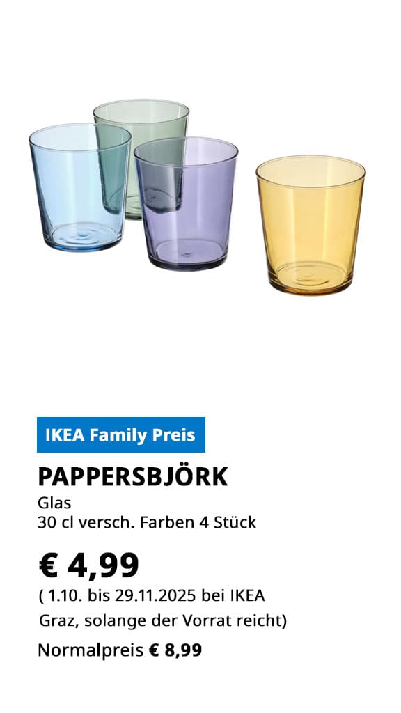 Glas Pappersbjörk, 4 Stück, 30cl, verschiedene Farben, statt € 8,99 um € 4,99.
