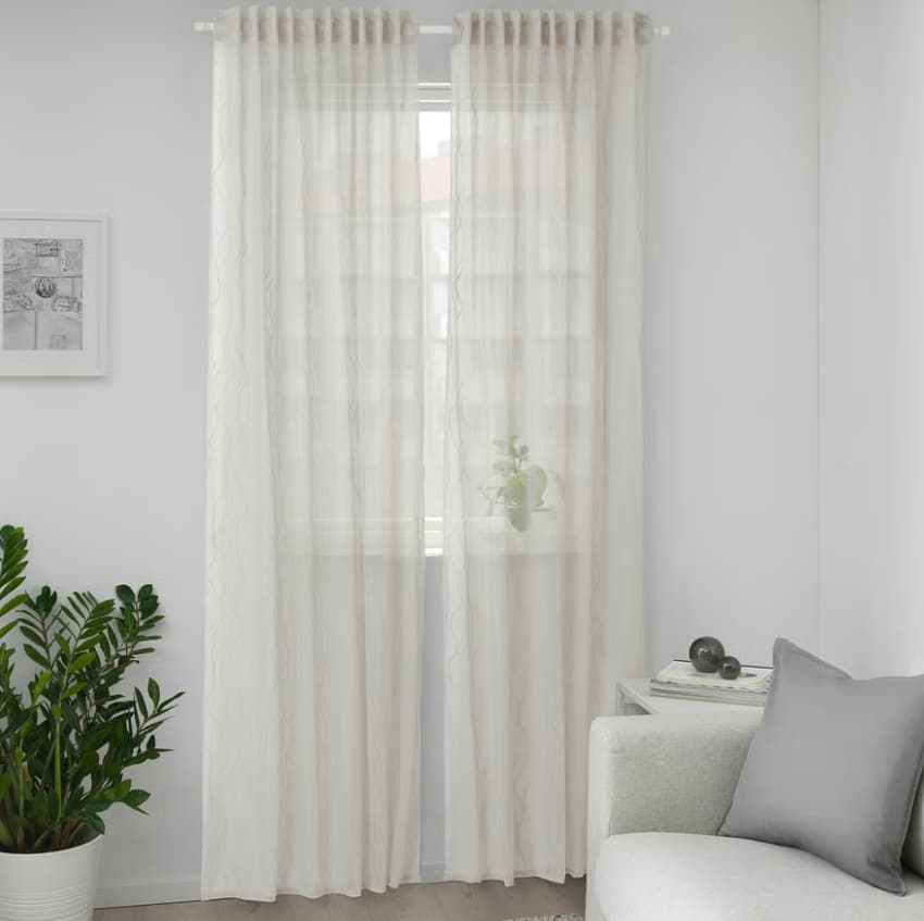 GLESGRÖE
Áttetsző függöny, 1 pár, szürke/függönyráncoló szalaggal, 145x300 cm