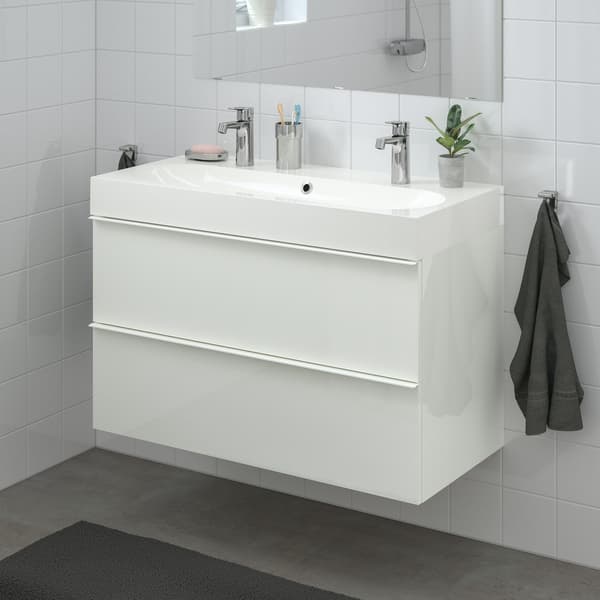 GODMORGON wash stand with 2 drawers with glossy white effect.