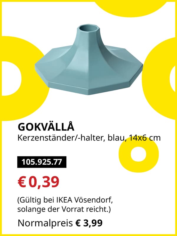 GOKVÄLLA Kerzenständer/-halter, blau, 14x6 cm statt € 3,99 zum IKEA Frühlingsangebots-Preis von € 0,39