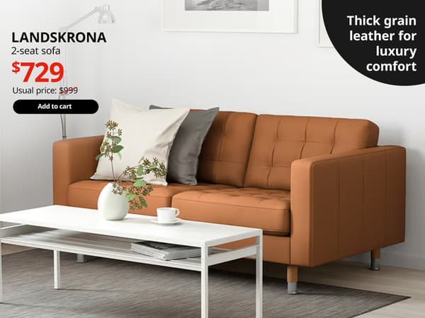 Golden brown LANDKSRONA sofa in a living room setting with a white table in front. On the top left-hand corner, black text that reads 