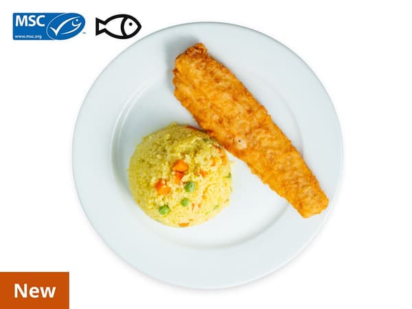 Golden Vegetarian Fried Rice with Alaskan Pollock Crispy Fish Fillet