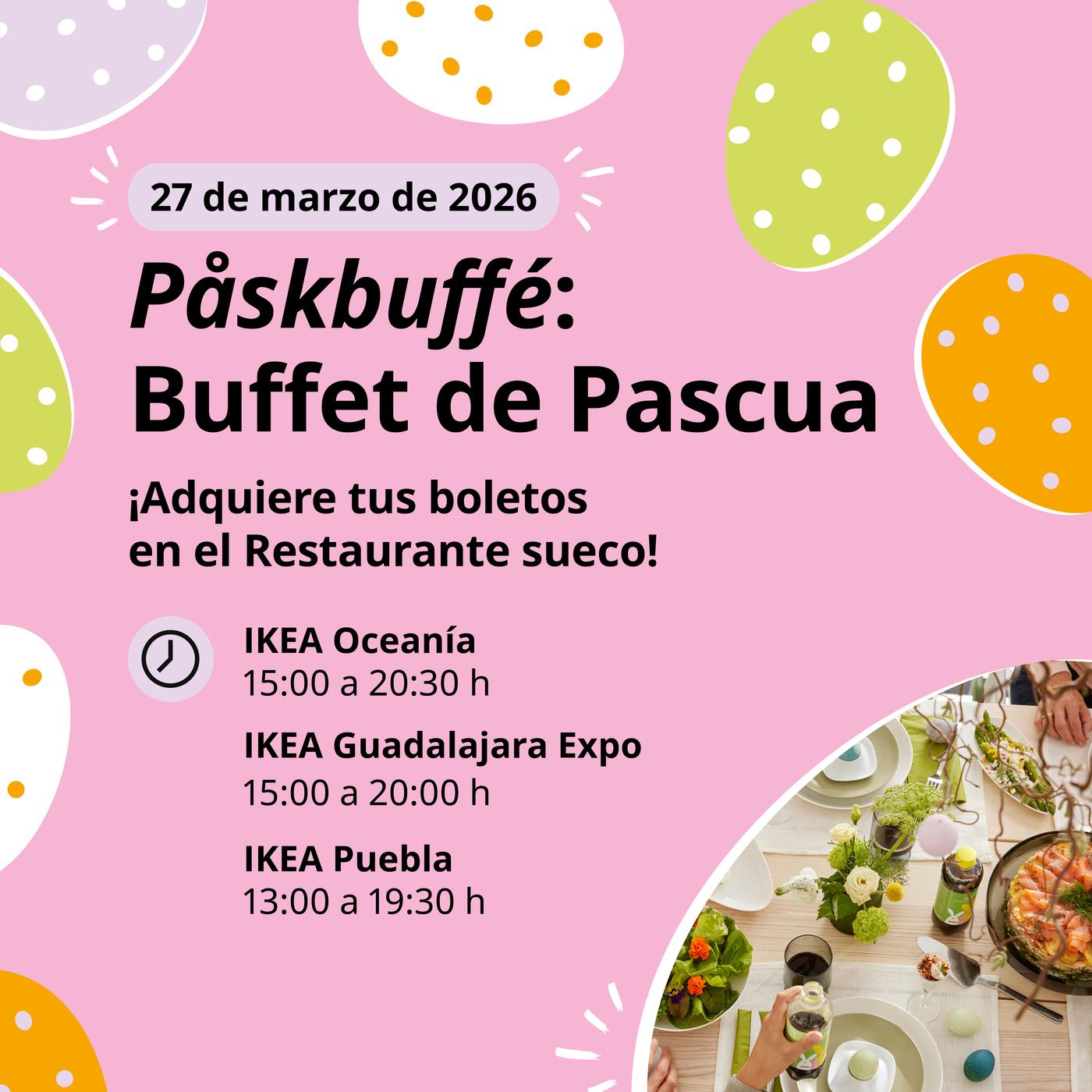 Gráfico Buffet de Pascua. Huevos de pascua de colores con fondo rosa mexicano e imagen gráfica de  