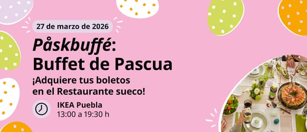 Gráfico Buffet de Pascua. Huevos de pascua de colores con fondo rosa mexicano e imagen gráfica de buffet