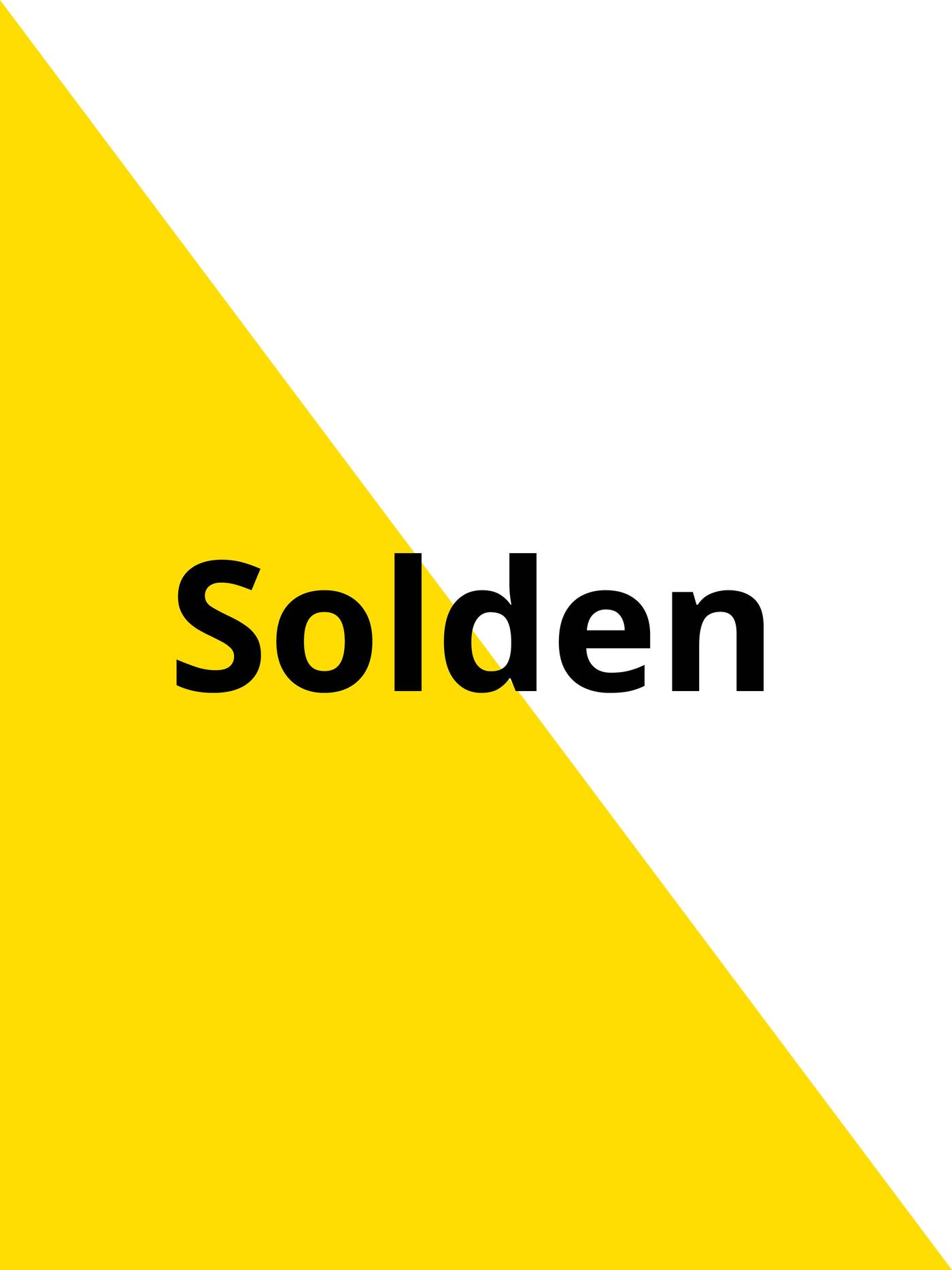 Grafische banner met het woord “Solden” in zwarte letters op een gele en witte diagonale achtergrond.