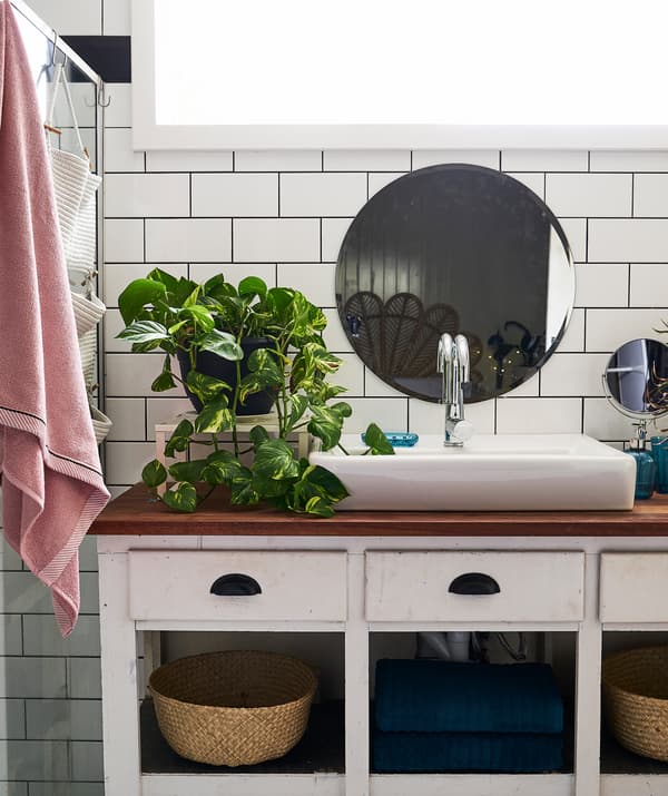 Grand lavabo blanc et plante sur meuble-lavabo blanc à plateau en bois, avec un miroir rond sur le mur en carreaux blancs.