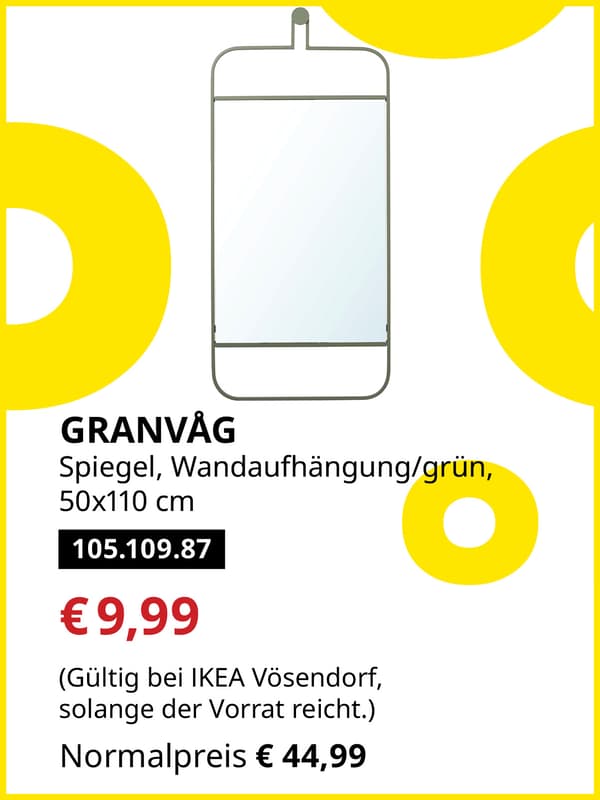 GRANVÄG Spiegel, Wandaufhängung/grün, 50x110 cm statt € 44,99 zum IKEA Frühlingsangebots-Preis von € 9,99