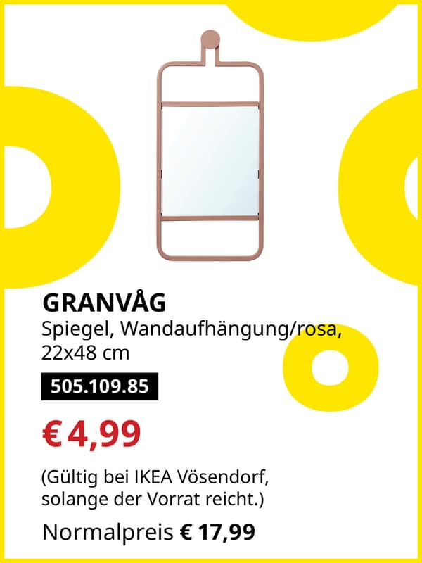GRANVÄG Spiegel, Wandaufhängung/rosa, 22x48 cm statt € 17,99 zum IKEA Frühlingsangebots-Preis von € 4,99