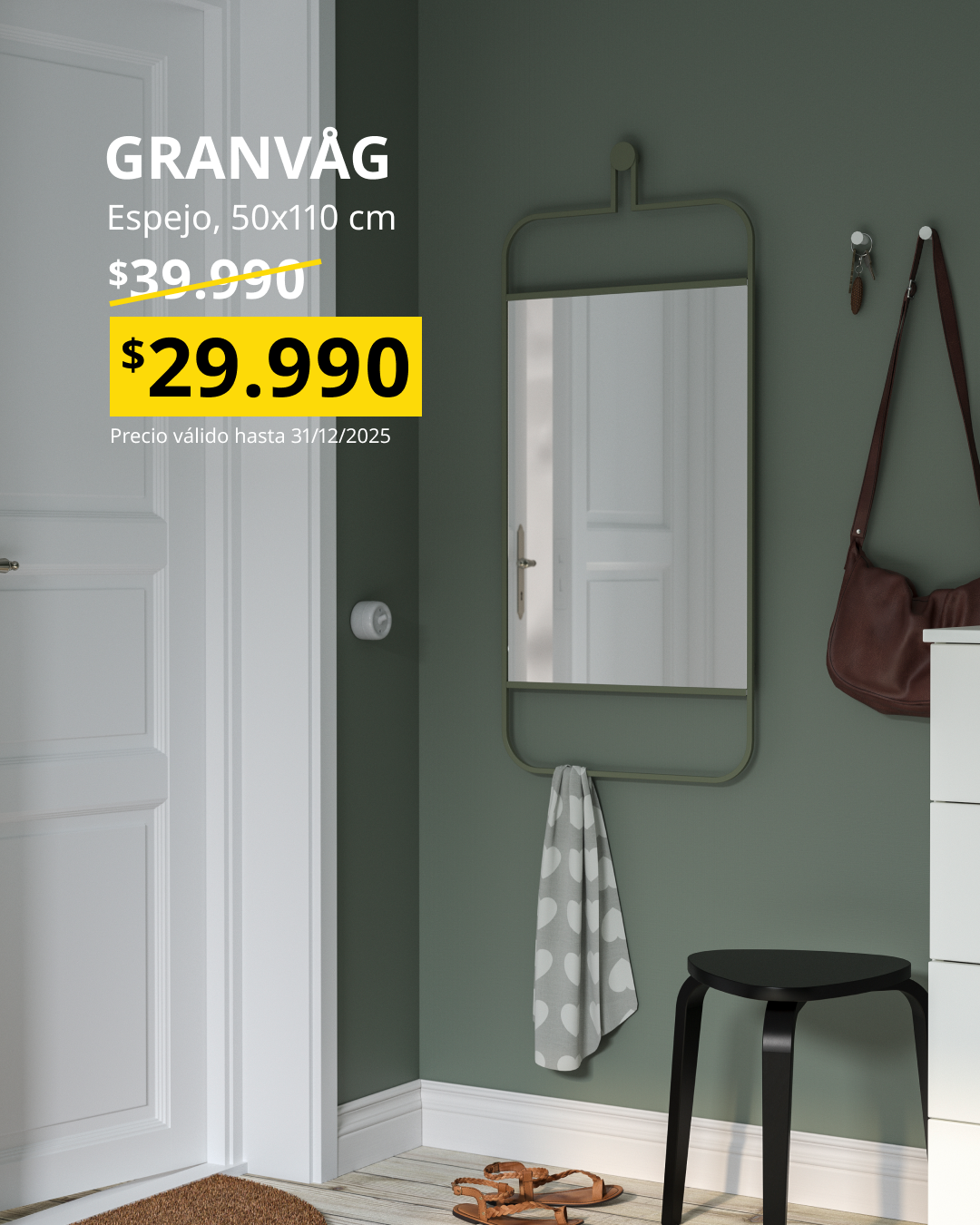 GRANVÅG Espejo fijado a la pared verde mide 50x110 cm