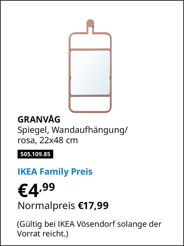 GRANVAG Spiegel, Wandaufhängung/ rosa, 22x48 cm Artikelnummer 505.109.85 statt € 17,99 zum IKEA Family Preis von € 4,99 