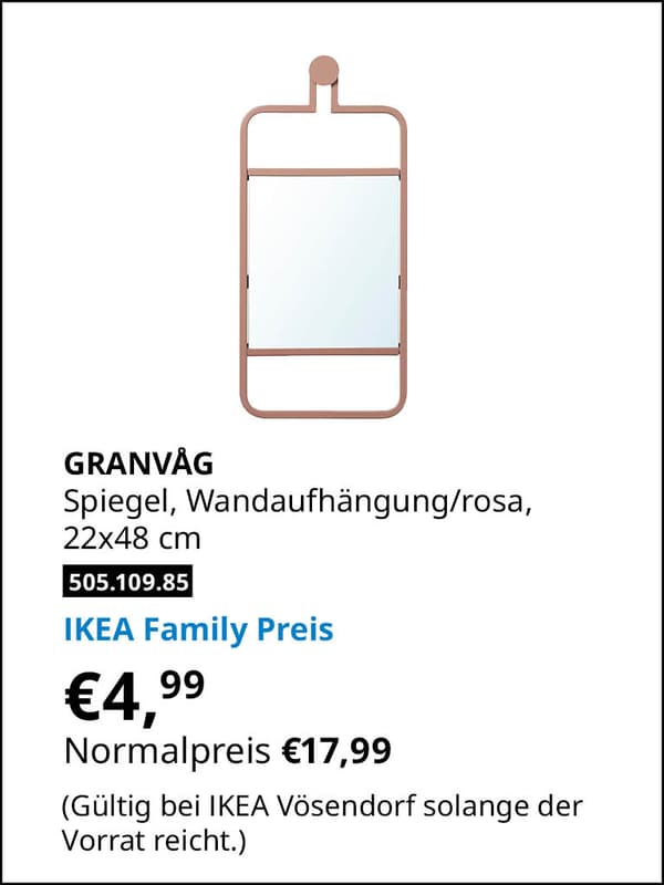 GRANVÅG Spiegel, Wandaufhängung/rosa, 22x48 cm statt € 17,99 zum IKEA Family Preis von € 4,99