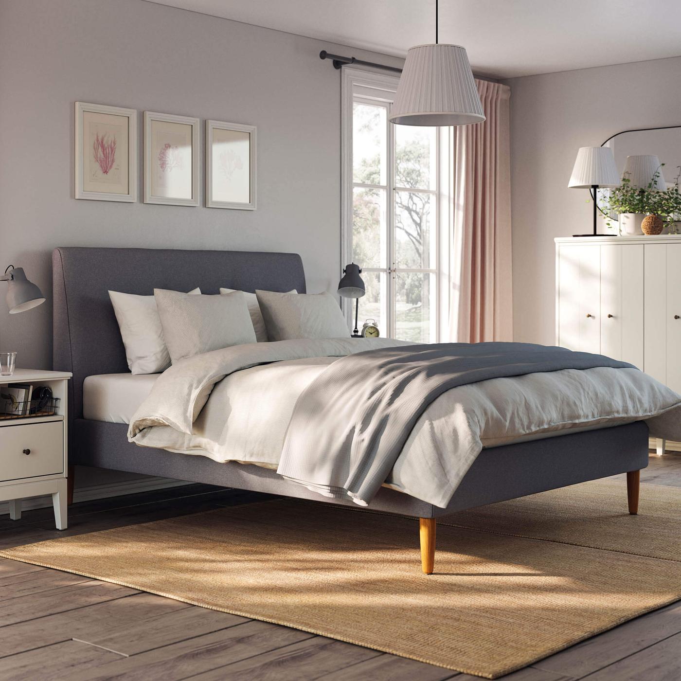 Gray bed frame.