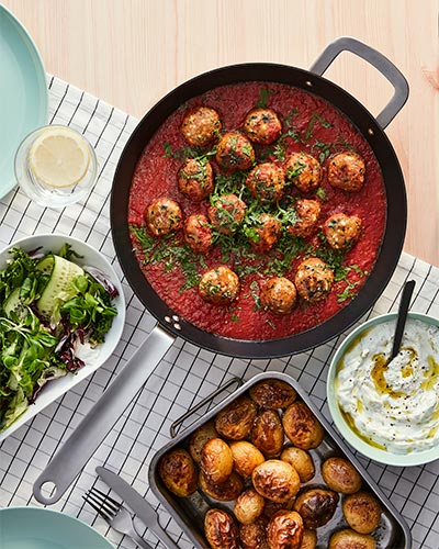 Greek plant-based mince balls in tomato sauce
